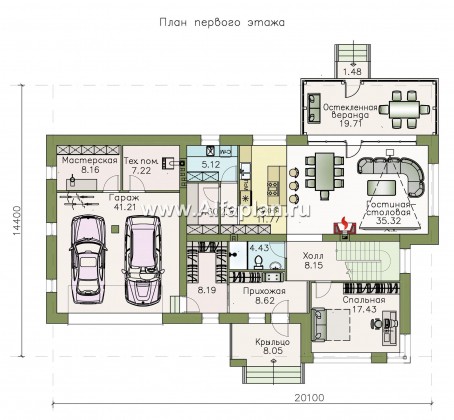 Проекты домов Альфаплан - «Прайд» - современный коттедж с остекленной верандой и гаражом - превью плана проекта №1