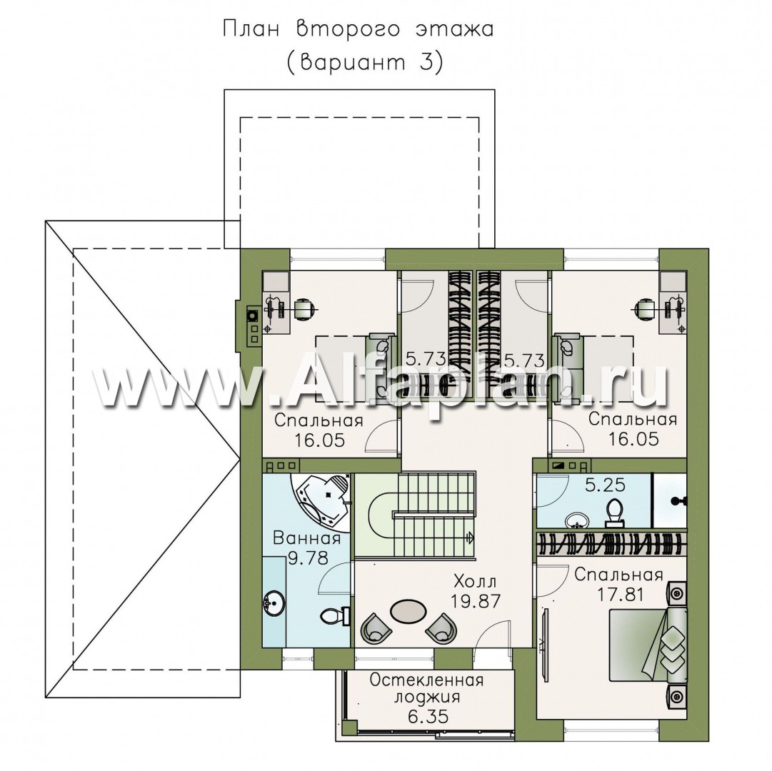 Проекты домов Альфаплан - «Седьмая высота» - современный коттедж с гаражом и просторной верандой - план проекта №4