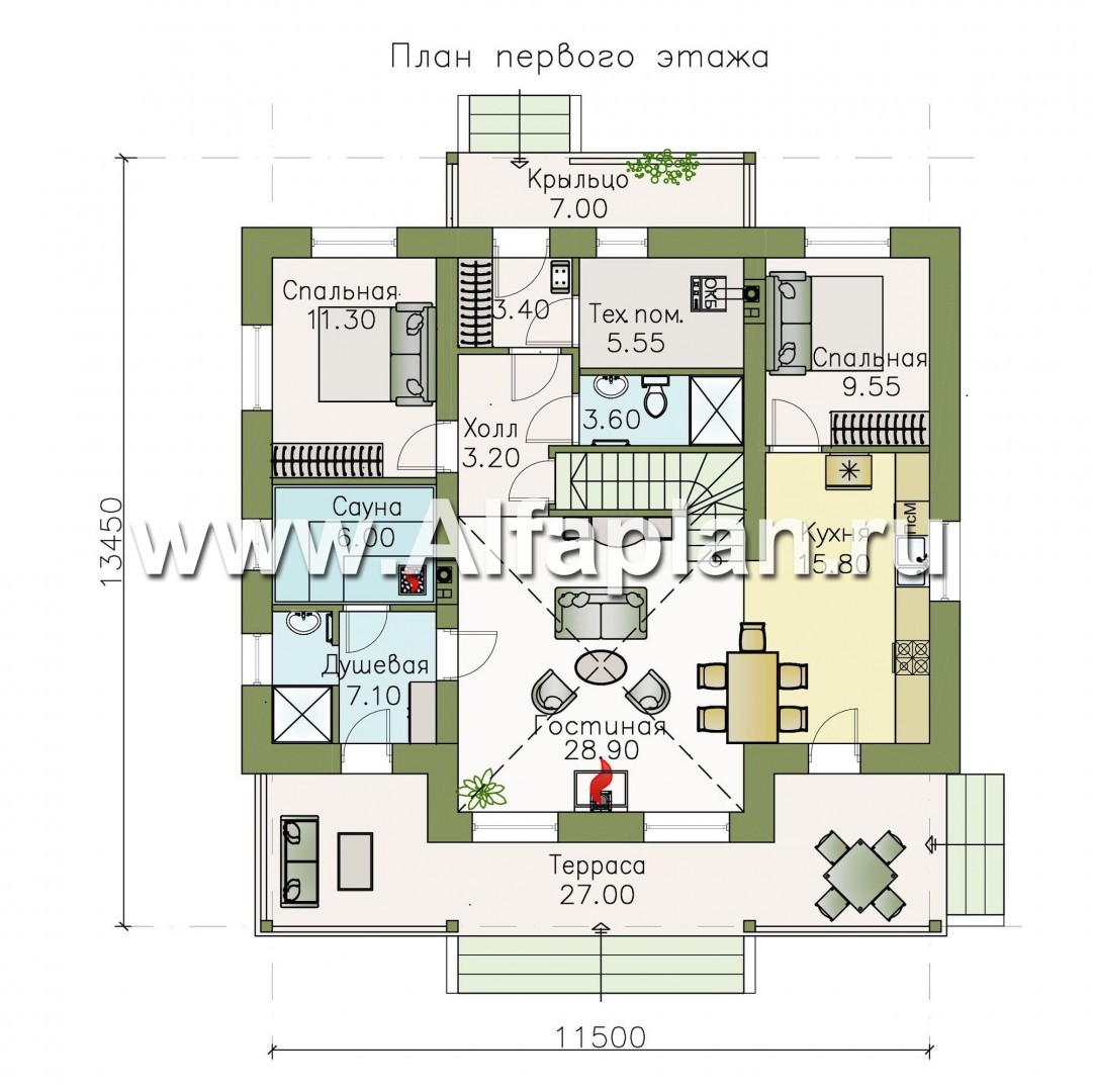 «Моризо» - проект дома с мансардой, планировка с двусветной гостиной и сауной, шале с двускатной крышей - план дома