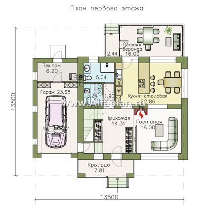 «Орбита» - проект двухэтажного дома, удобная планировка с террасой и с гаражом, в современном стиле - превью план дома