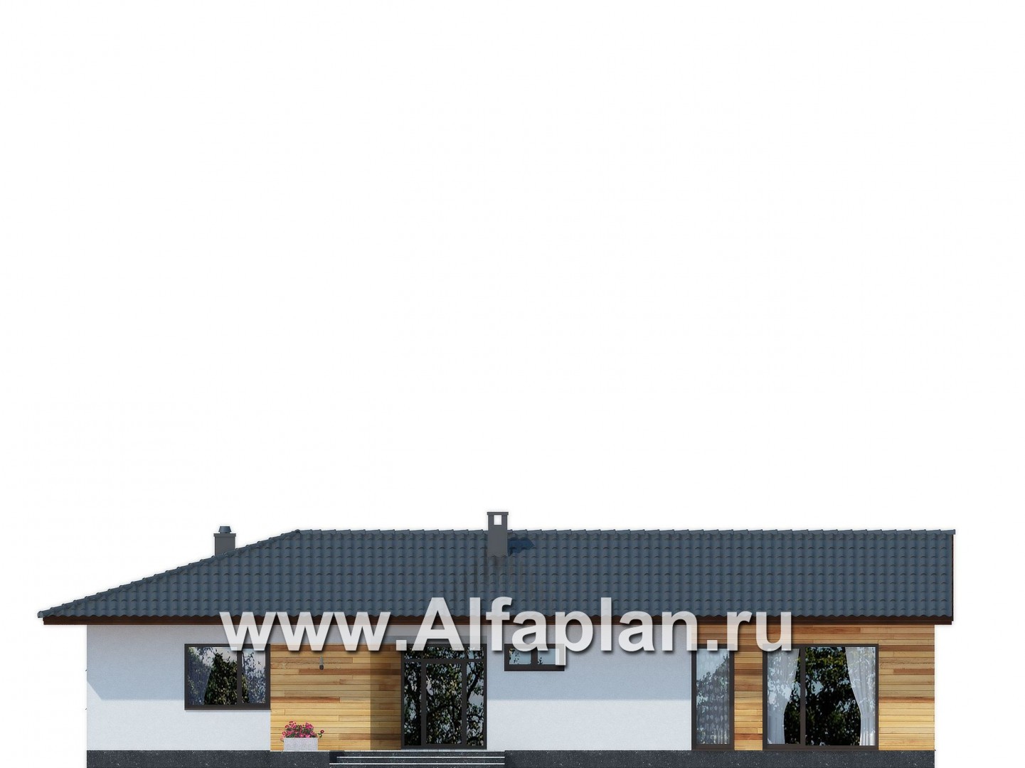Проекты домов Альфаплан - Одноэтажный дом для углового участка - изображение фасада №1