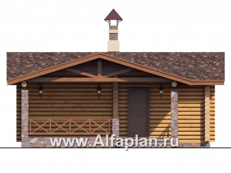 Проекты домов Альфаплан - Баня из бревен с большой крытой верандой - превью фасада №1