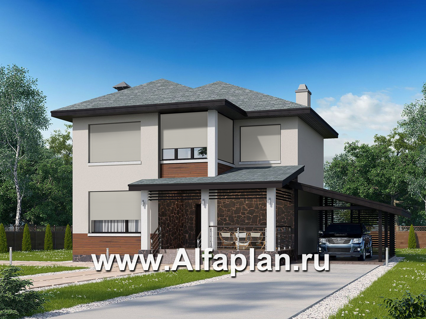 Проекты домов Альфаплан - «Траектория» - современный, компактный дом с гаражом-навесом - основное изображение
