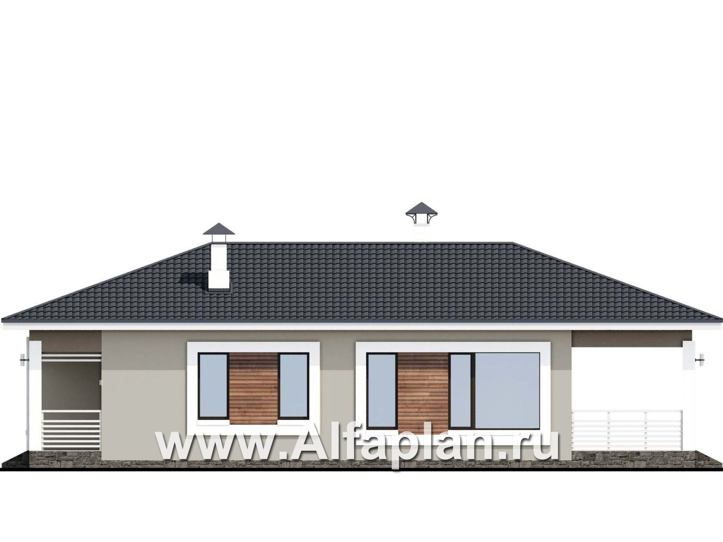 Проекты домов Альфаплан - «Каллиопа» - одноэтажный дом для узкого участка с тремя спальнями - изображение фасада №2