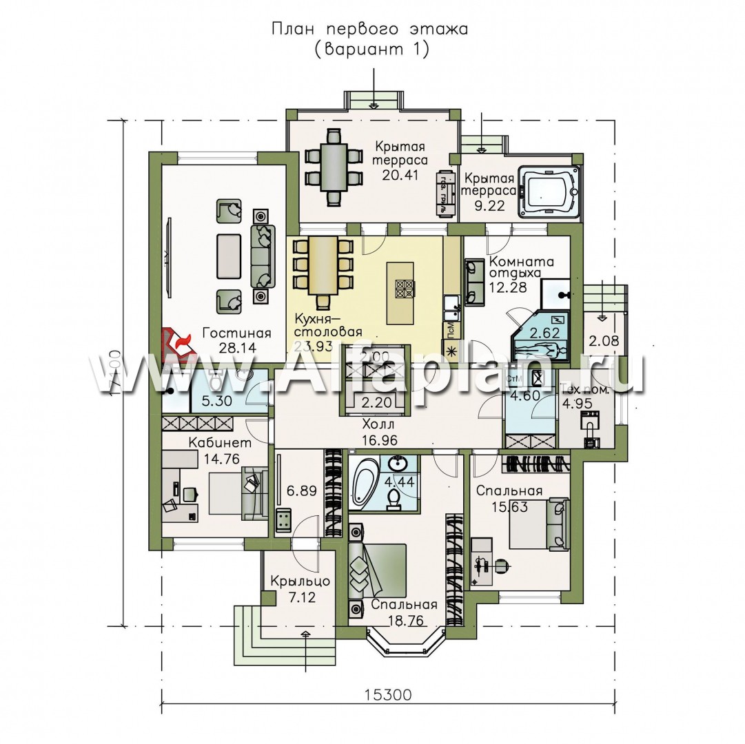 Проекты домов Альфаплан - «Калипсо» - комфортабельный одноэтажный дом  с вариантами планировки - план проекта №1