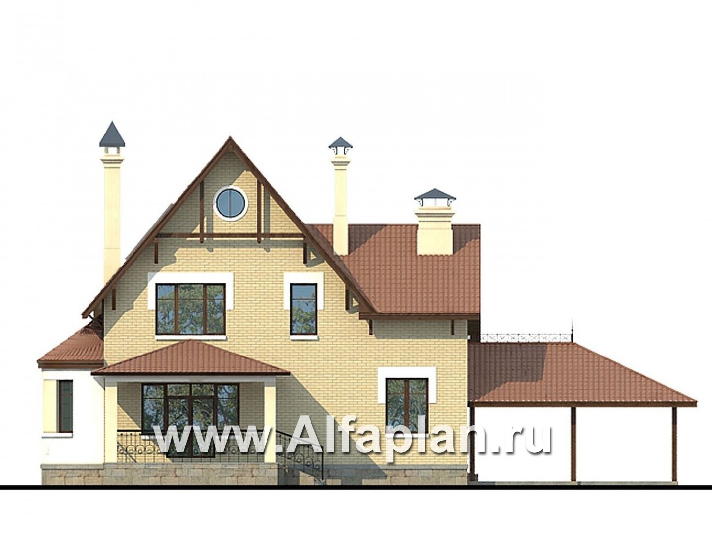 Проекты домов Альфаплан - «Золотая середина» - проект коттеджа с жилой мансардой и навесом для машин - изображение фасада №4