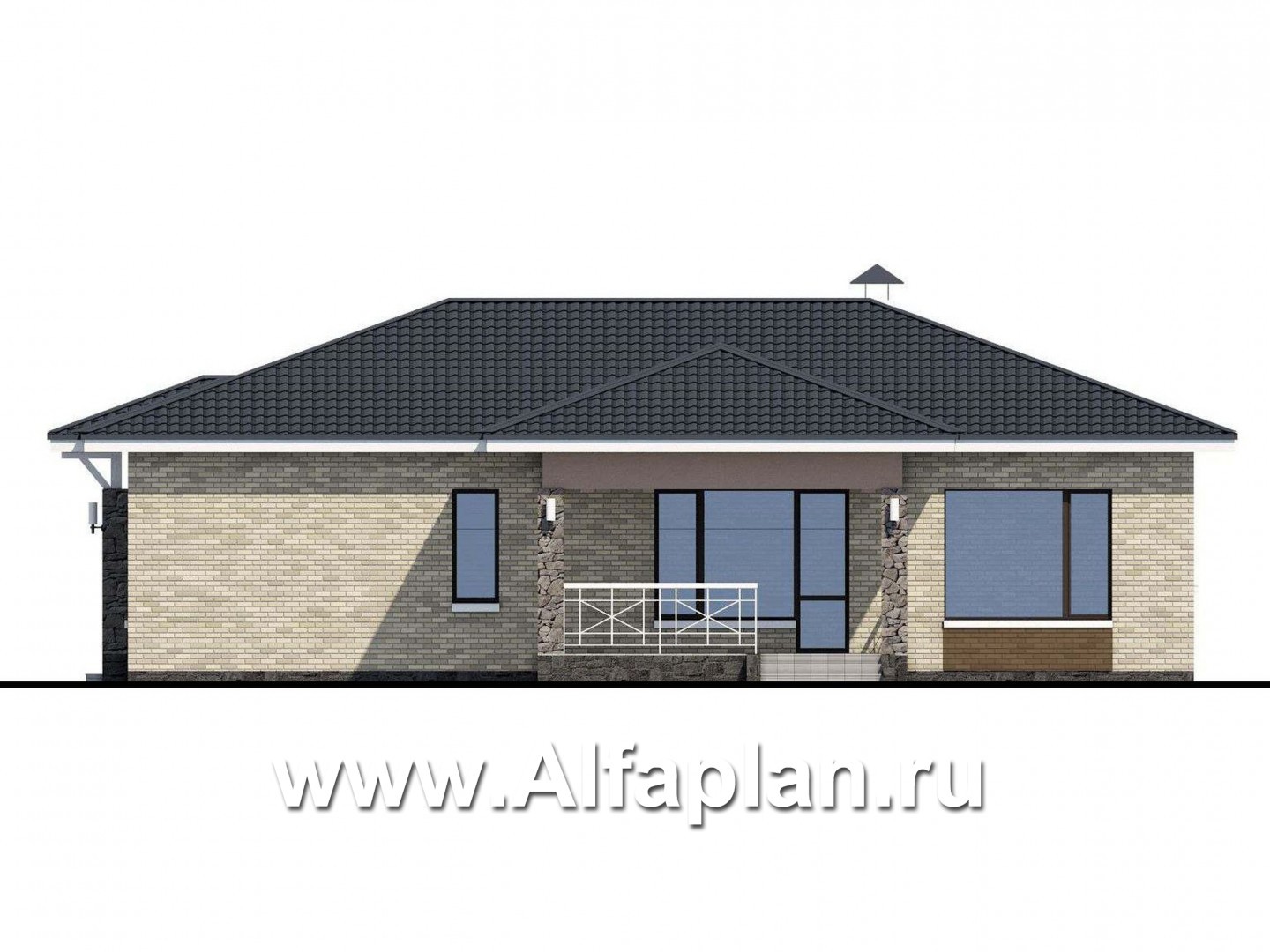 Проекты домов Альфаплан - «Урания» - современный одноэтажный коттедж с террасой - изображение фасада №2